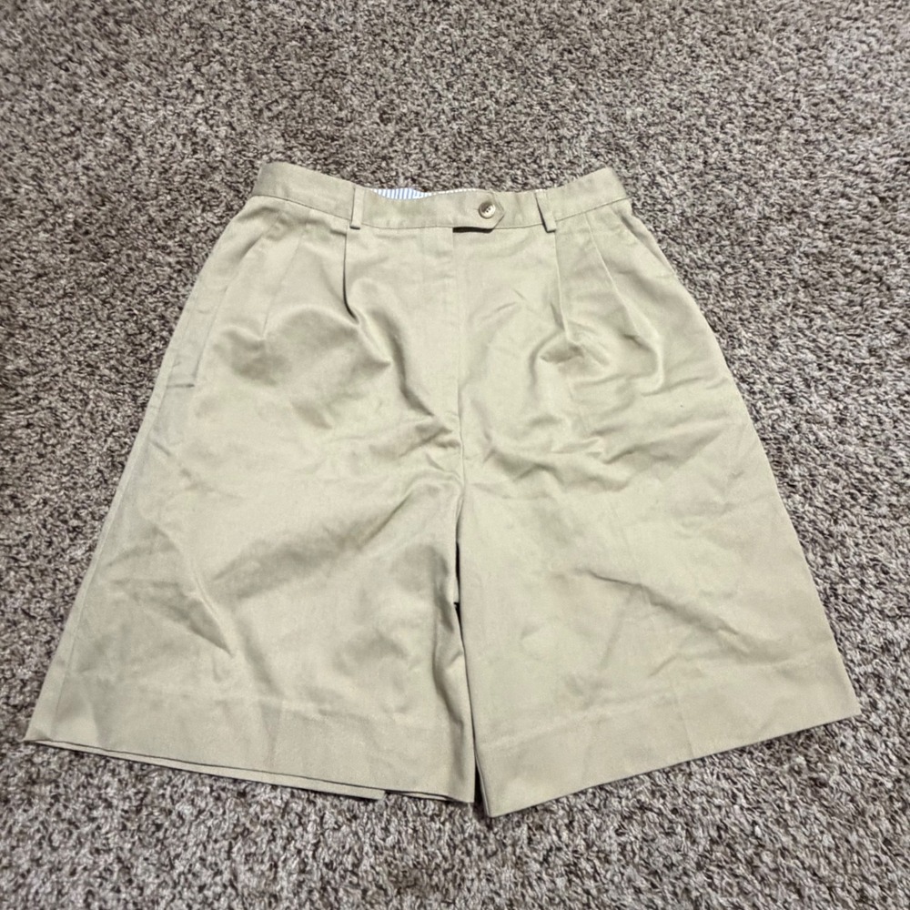 Talbots Womens Khaki Pleated Chino Shorts Tan High Rise Elastic Back Size 8